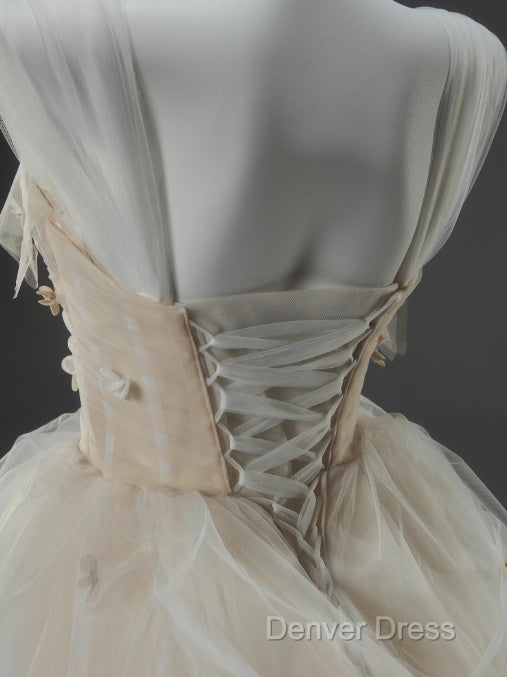 Off White A Line Straps Tulle Long Prom Dress Simple Applique Wedding Dresses