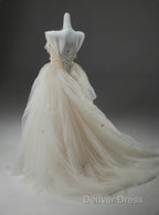 Off-White A-Line Straps Tulle Long Prom Dresses Simple Applique Wedding Dresses
