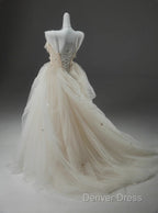 Off White A Line Straps Tulle Long Prom Dress Simple Applique Wedding Dresses