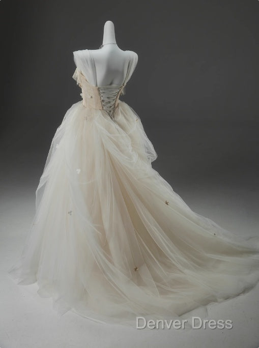 Off White A Line Straps Tulle Long Prom Dress Simple Applique Wedding Dresses