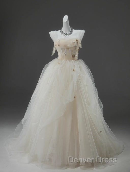 Off White A Line Straps Tulle Long Prom Dress Simple Applique Wedding Dresses