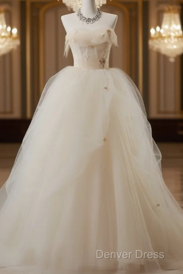 Off White A Line Straps Tulle Long Prom Dress Simple Applique Wedding Dresses Main image