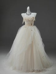 Off-White A-Line Straps Tulle Long Prom Dress Simple Applique Wedding Dress