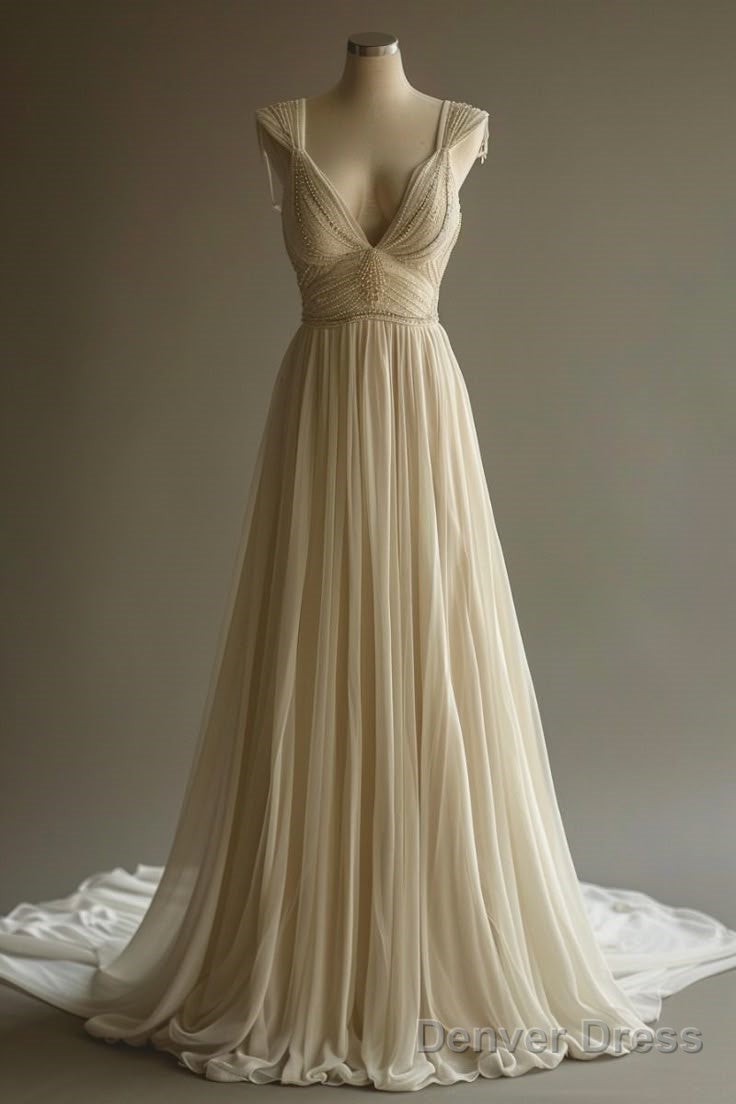 Off-White A-Line V-Neck Chiffon Beaded Long Prom Dress Simple Wedding Dress Bridesmaid Dress Main image