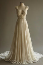 Off-White A-Line V-Neck Chiffon Beaded Long Prom Dress Simple Wedding Dress Bridesmaid Dress