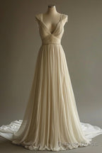 Off White A Line V Neck Chiffon Beaded Long Prom Dress Simple Wedding Dress Bridesmaid Dresses