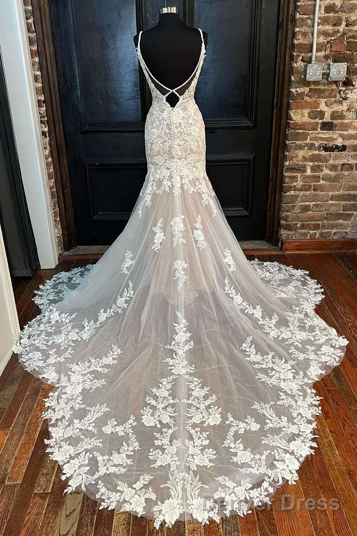Off-White Appliques Backless Trumpet Long Wedding Dress V-Neck
