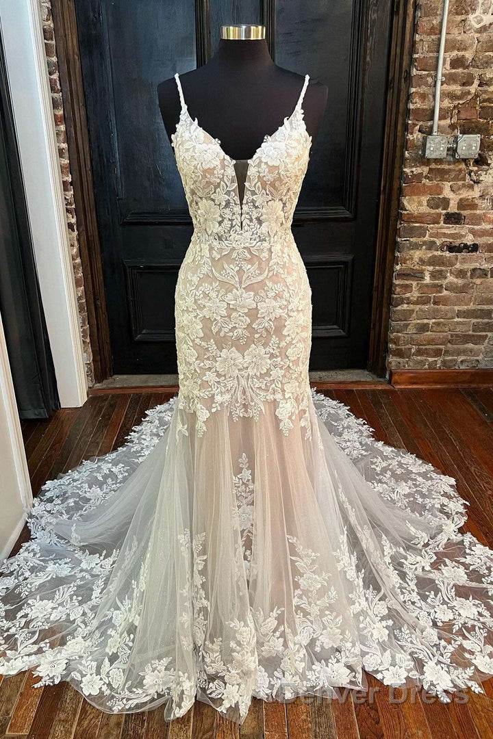 Off White Appliques Backless Trumpet Long Wedding Dresses V Neck