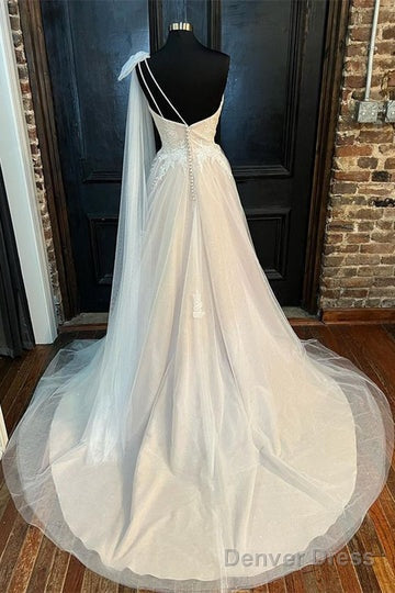 Off-White One-Shoulder A-Line Wedding Dress Long Beautiful