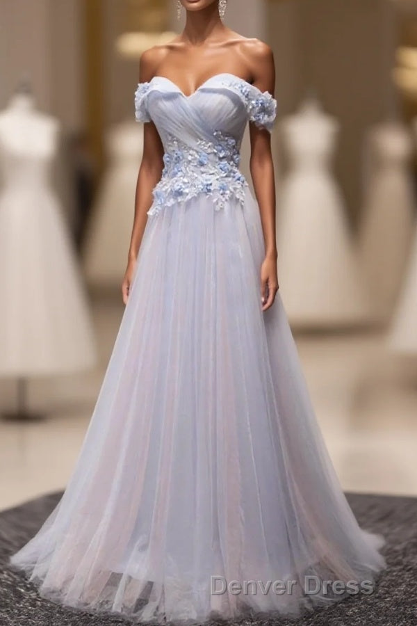 Light Blue Tulle Lace Long Prom Dress, Lace Prom Dresses