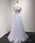 Light Blue Tulle Lace Long Prom Dress, Lace Prom Dresses