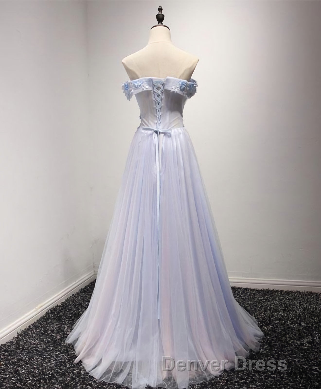 Light Blue Tulle Lace Long Prom Dress, Lace Prom Dresses
