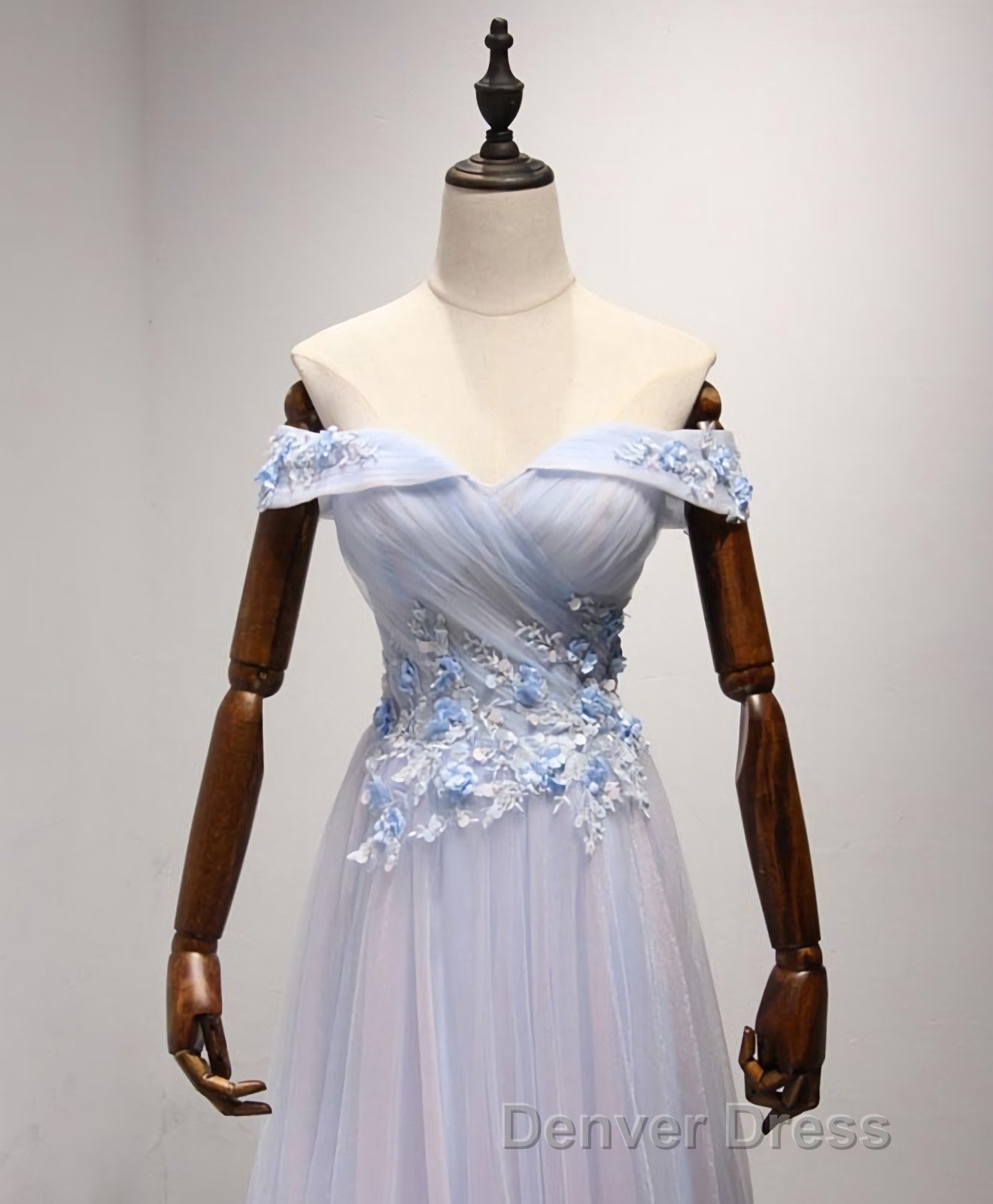 Light Blue Tulle Lace Long Prom Dress, Lace Prom Dresses