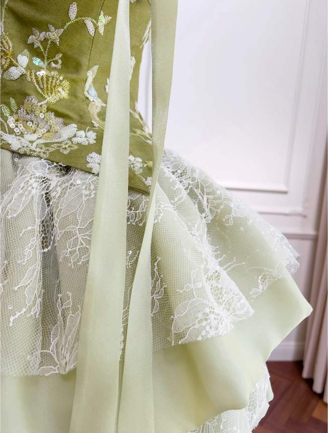 Olive Green A-Line Mesh Lace Sequined Short Prom Dress Homecoming Dresses