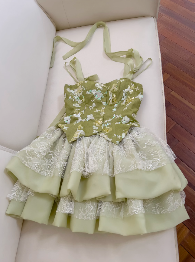 Olive Green A-Line Mesh Lace Sequined Short Prom Dress Homecoming Dresses