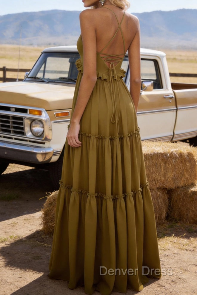 Olive Green A-line V Neck Sleeveless Floor-Length Chiffon Prom Dress Long Prom Dresses Backless with Pleated Ruffles