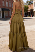Olive Green A-line V Neck Sleeveless Floor-Length Chiffon Prom Dress Long Prom Dresses Backless with Pleated Ruffles