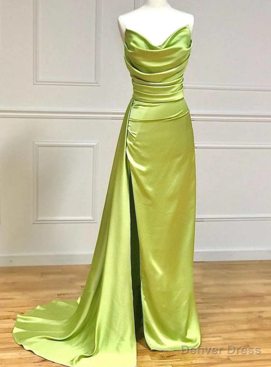 Olive Green Mermaid Satin Strapless Pleats Prom Dress Main image