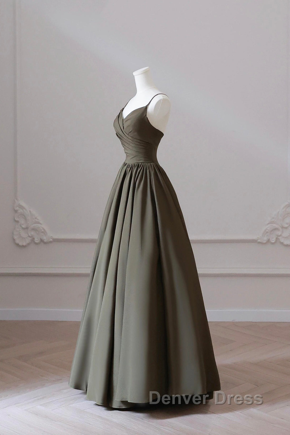 Olive Green Spaghetti Strap Satin Long Prom Dresses, A-Line V Neck Party Dresses Secondary image