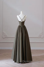 Olive Green Spaghetti Strap Satin Long Prom Dresses, A-Line V Neck Party Dresses