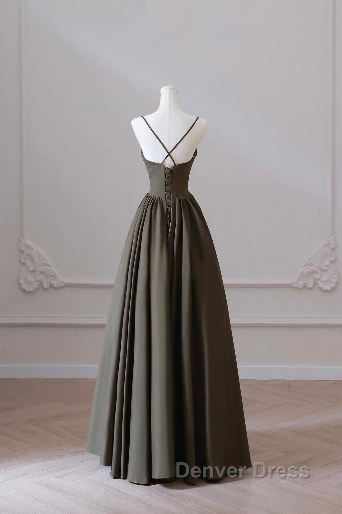 Olive Green Spaghetti Strap Satin Long Prom Dresses, A-Line V Neck Party Dresses