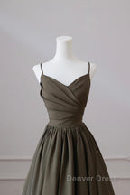 Olive Green Spaghetti Strap Satin Long Prom Dresses, A-Line V Neck Party Dresses