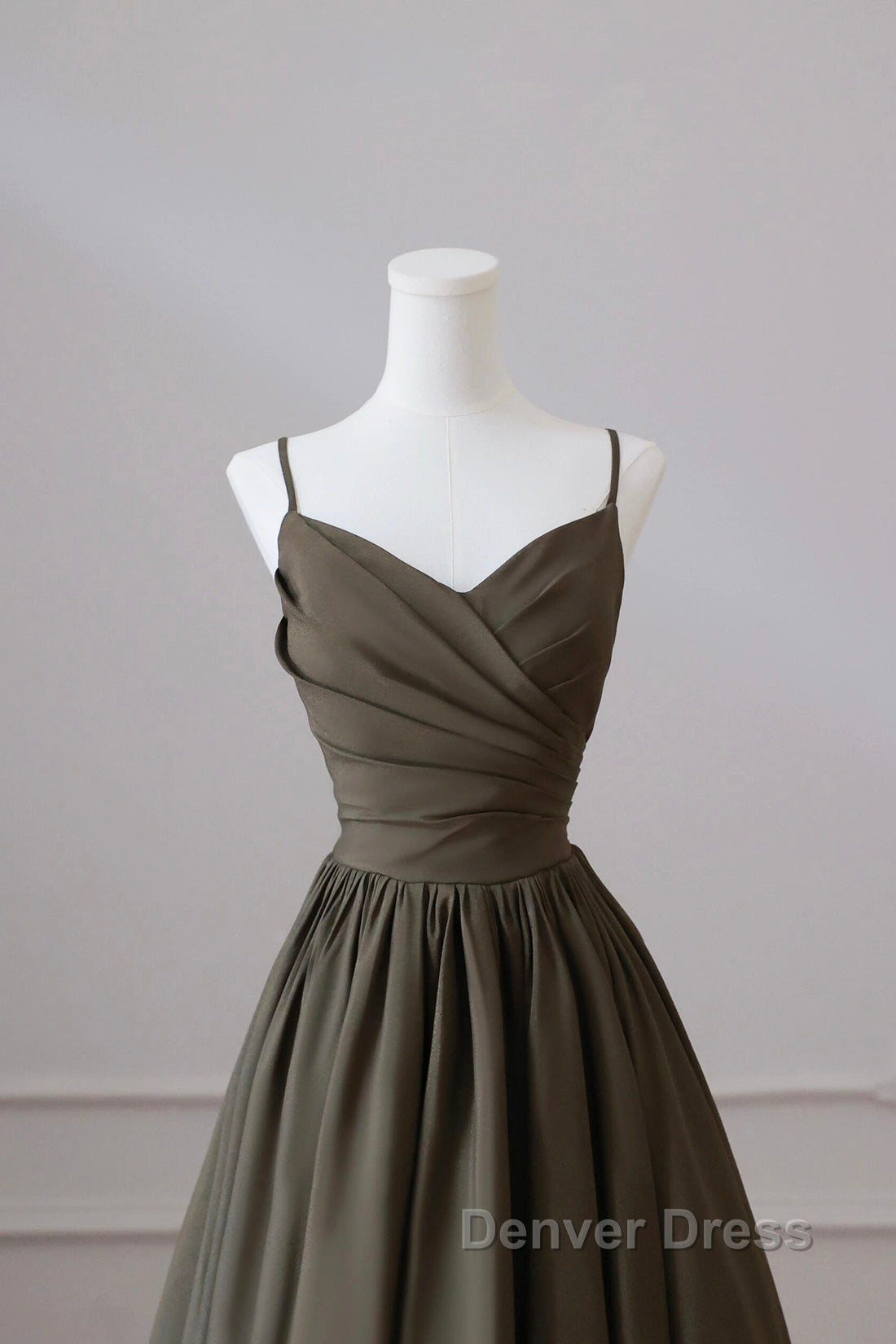 Olive Green Spaghetti Strap Satin Long Prom Dresses, A-Line V Neck Party Dresses