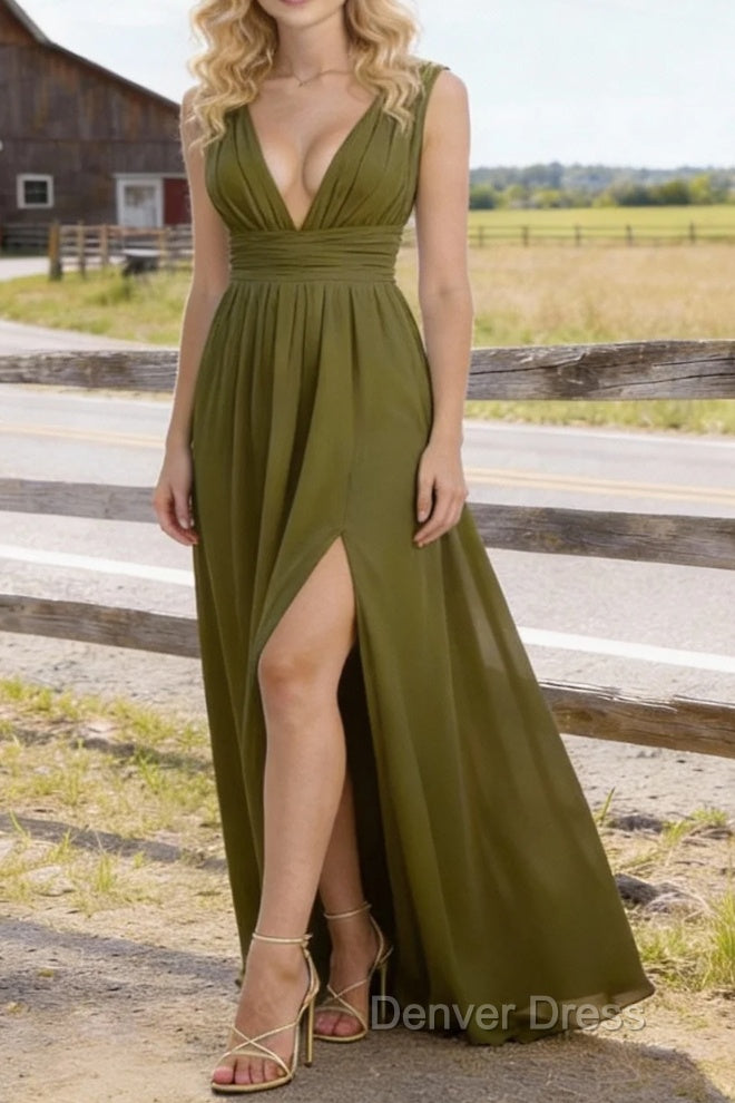 Olive Green V Neck Chiffon Floor Length Bridesmaid Dress Long Bridesmaid Dresses With Pleated Split Main image