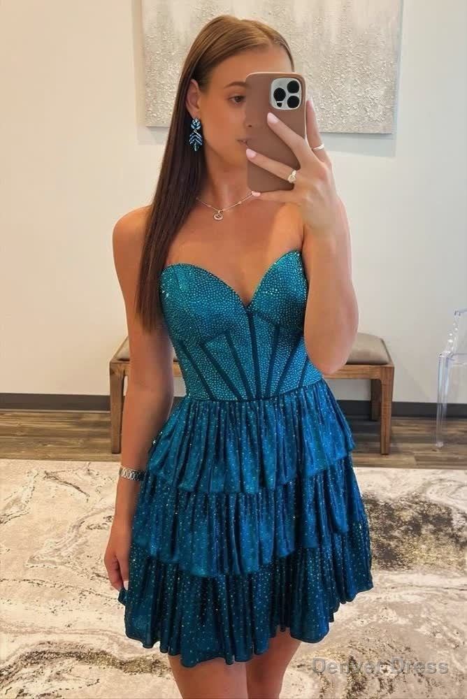 Ombre Blue Strapless Ruffle Beaded A Line Homecoming Dressesbie