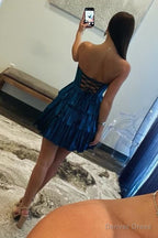 Ombre Blue Strapless Ruffle Beaded A Line Homecoming Dressesbie