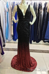 Ombre Mermaid V-Neck Court Train Prom Sequins Dresses