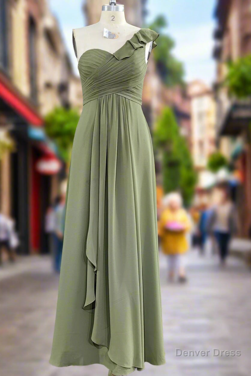 One ruffle Shoulder Long Dusty Sage Bridesmaid Dresses Secondary image