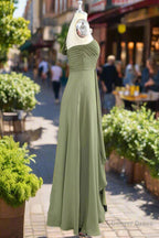 One ruffle Shoulder Long Dusty Sage Bridesmaid Dresses