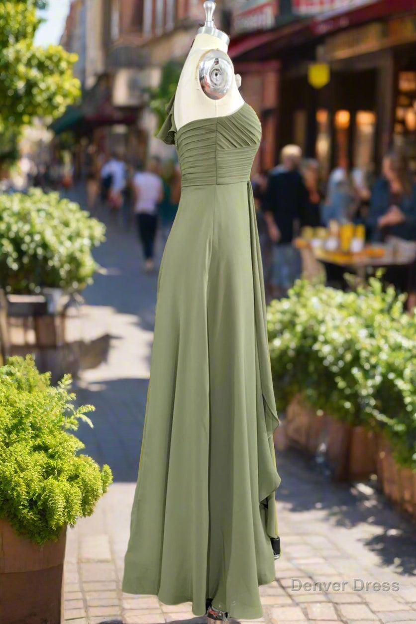 One ruffle Shoulder Long Dusty Sage Bridesmaid Dresses
