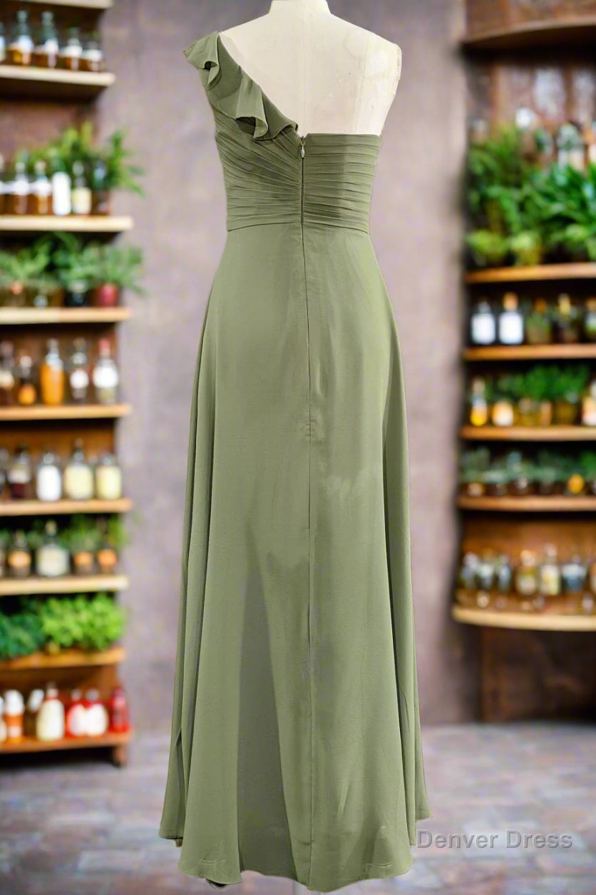 One ruffle Shoulder Long Dusty Sage Bridesmaid Dresses
