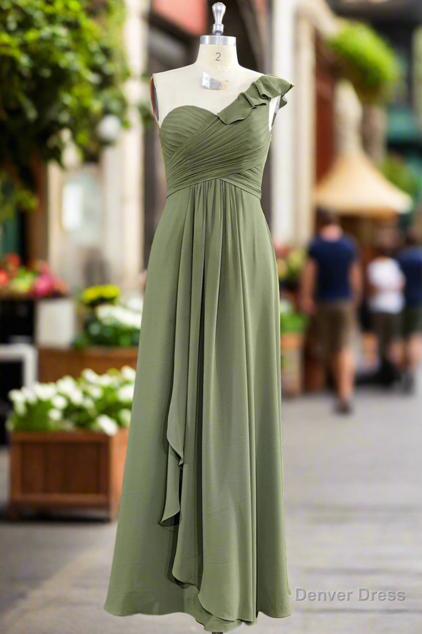One ruffle Shoulder Long Dusty Sage Bridesmaid Dresses Main image