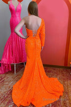 One Shouder Long Sleeves Sequins Mermaid Prom Dresses with Slit