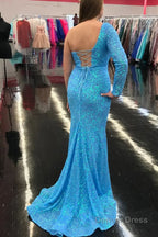 One Shouder Long Sleeves Sequins Mermaid Prom Dresses with Slit