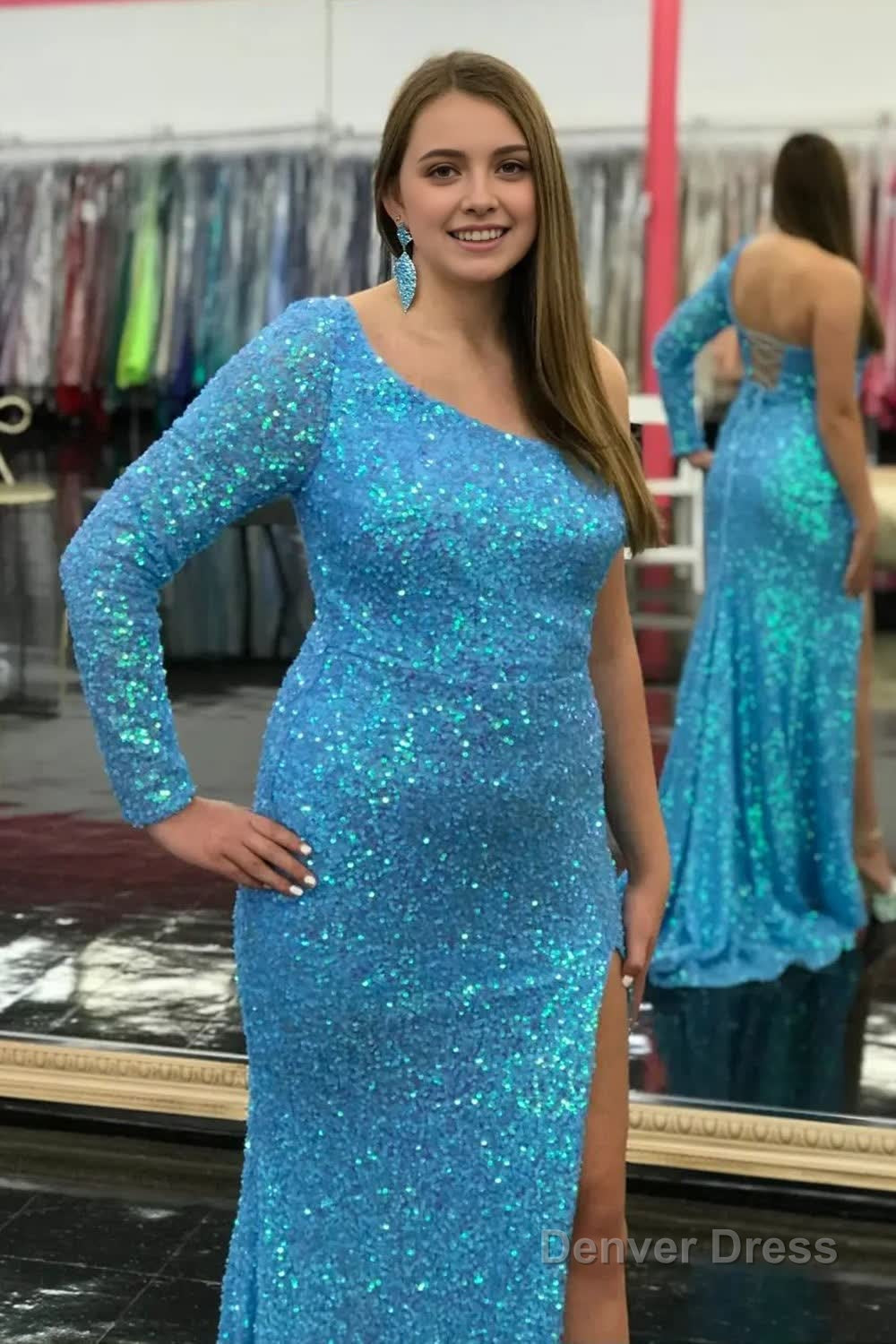 One Shouder Long Sleeves Sequins Mermaid Prom Dresses with Slit