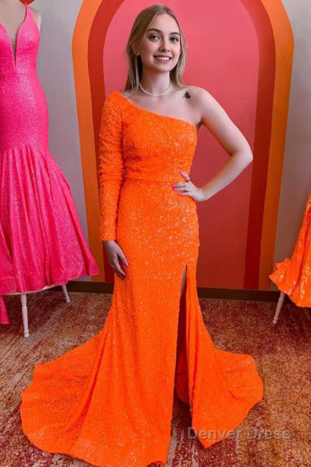 One Shouder Long Sleeves Sequins Mermaid Prom Dress with Slit Main image
