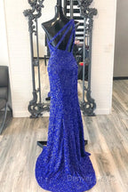 One Shouder Royal Blue Prom Dresses Long Sequin Evening Dresses