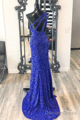 One Shouder Royal Blue Prom Dresses Long Sequin Evening Dress