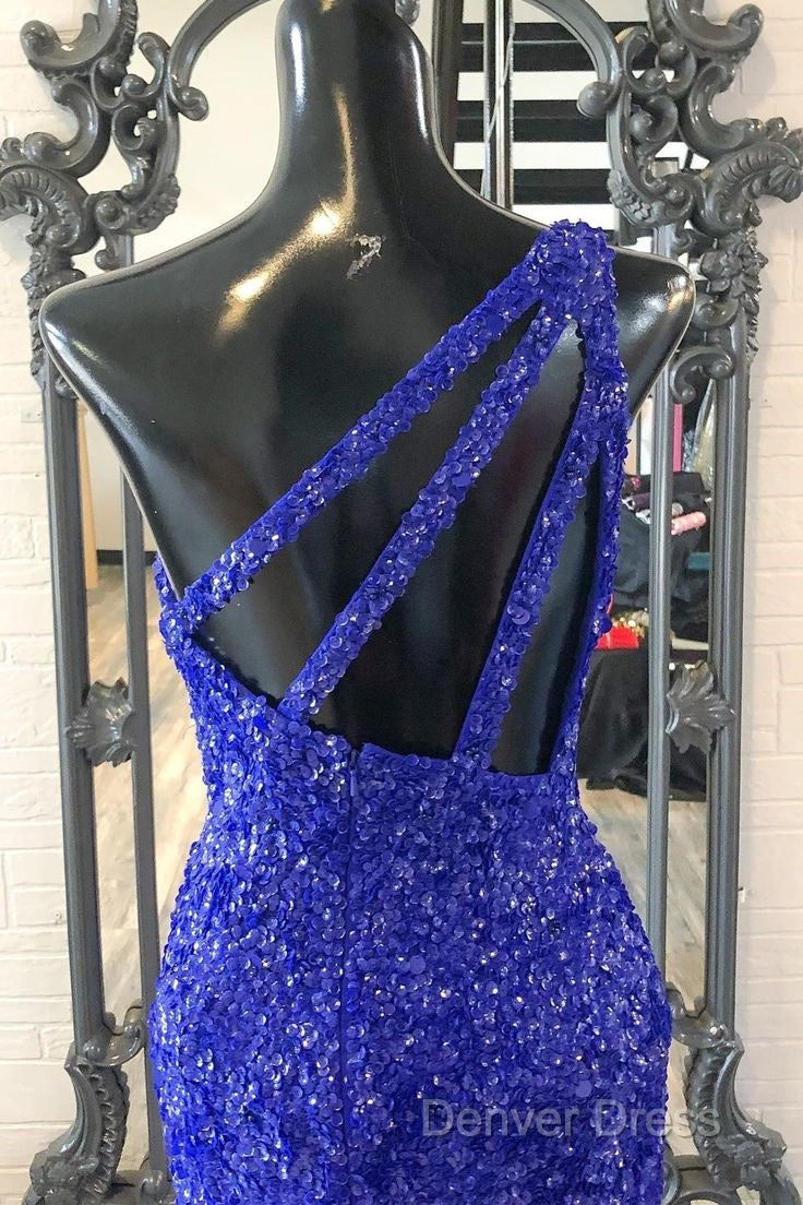 One Shouder Royal Blue Prom Dresses Long Sequin Evening Dresses