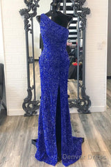 One Shouder Royal Blue Prom Dresses Long Sequin Evening Dress