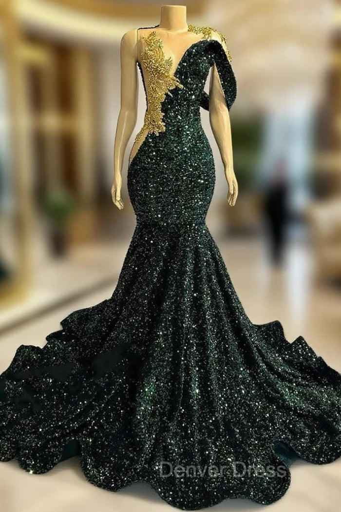 One shoudler Dark Green Sequin Floor length Prom Dresses Main image