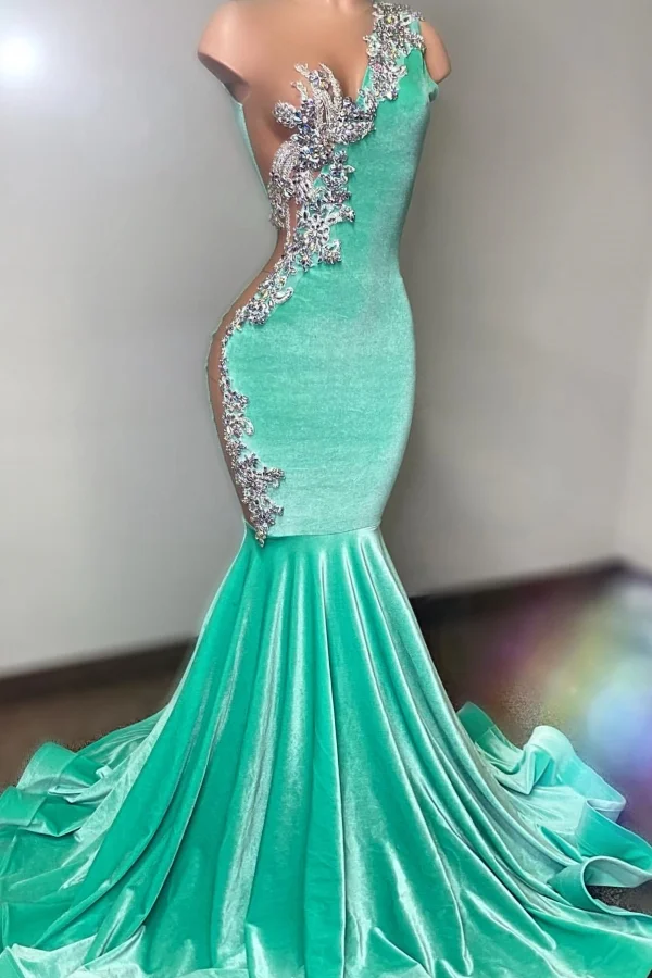 One Shoudler Mint Green Silver Velvet Floor Length Prom Dresses Main image
