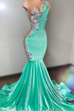 One Shoudler Mint Green Silver Velvet Floor Length Prom Dresses