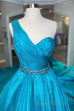 One Shoulder A Line Prom Dresses with Beading Waist