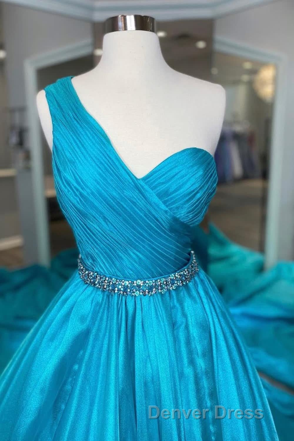 One Shoulder A Line Prom Dresses with Beading Waist