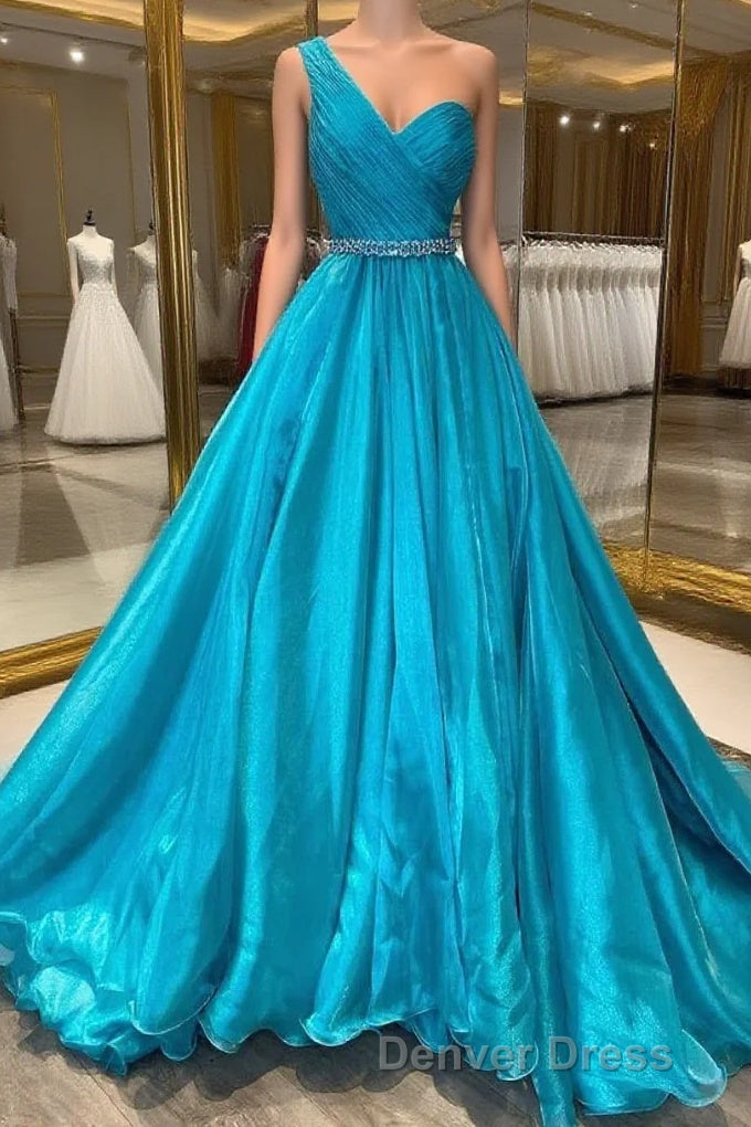 One Shoulder A Line Prom Dresses with Beading Waist